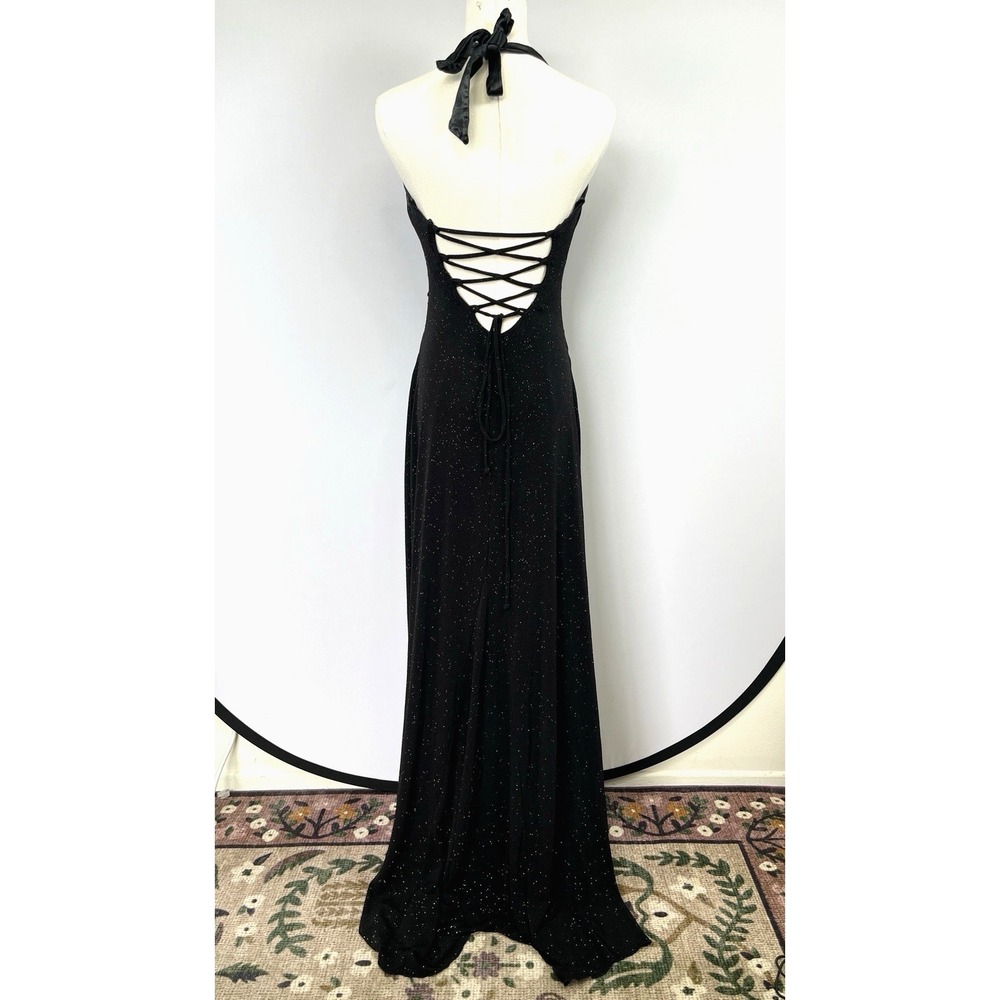 VTG Jodi Kristopher Y2K Whimsigoth Glitter Halter Maxi Dress L Black Retro Vamp